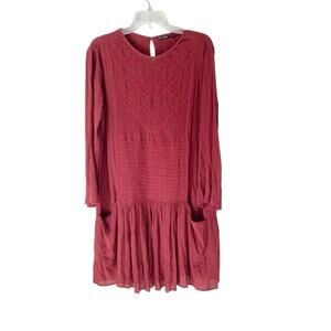 Massimo Dutti Embroidered Maroon Drop Waist Boho Mini Dress size 8